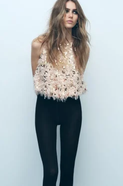 ZARA Tops / Bodies^TOP DESFIADO COM LANTEJOULAS rosa-bege