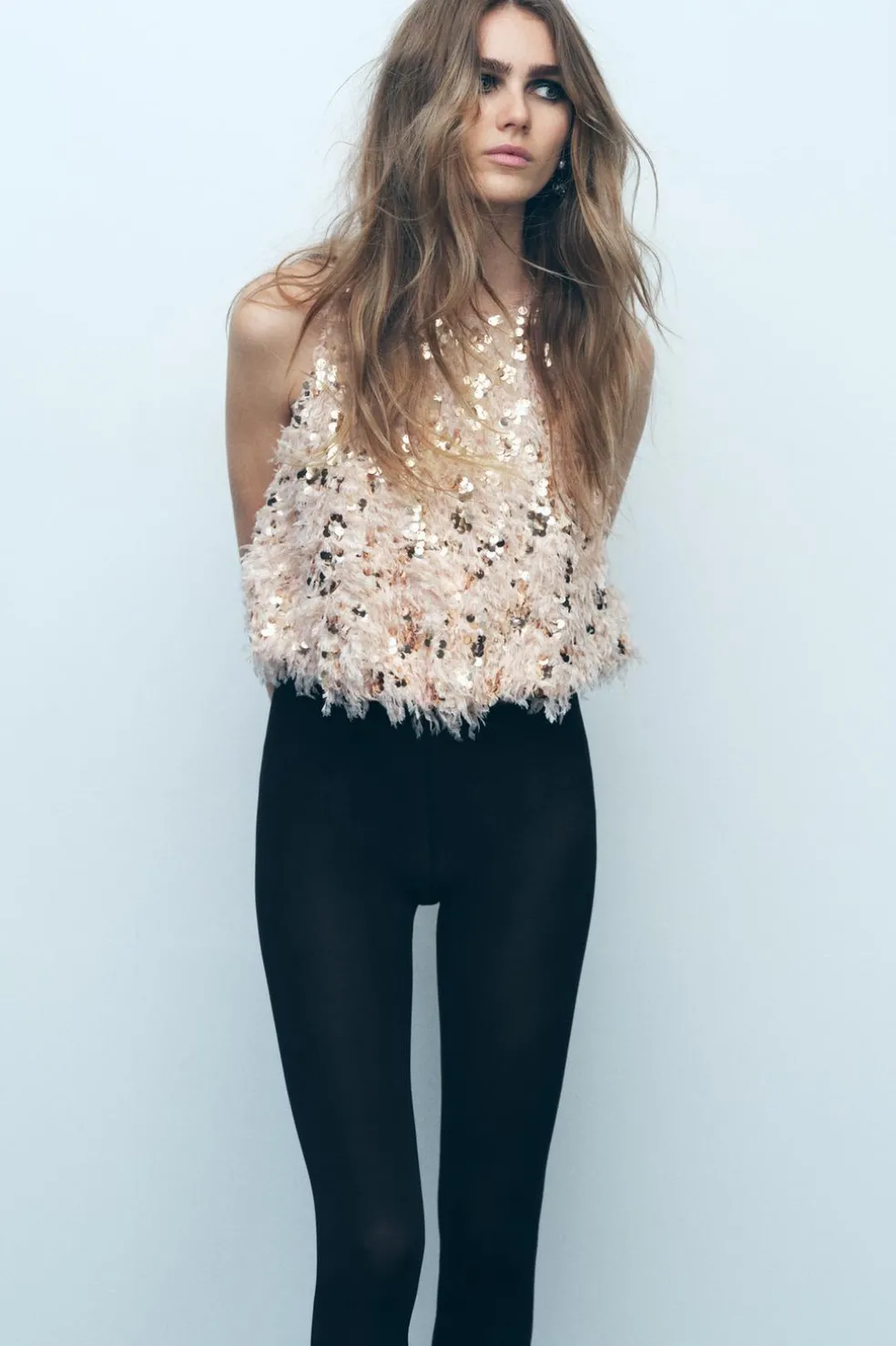 ZARA Tops / Bodies^TOP DESFIADO COM LANTEJOULAS rosa-bege