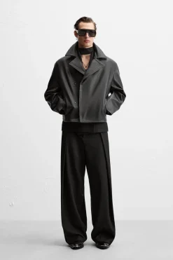 ZARA Blusões|Pele^TRENCH CROPPED FIT PELE Preto