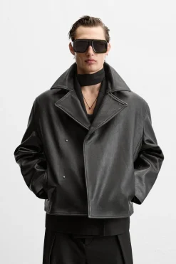 ZARA Blusões|Pele^TRENCH CROPPED FIT PELE Preto