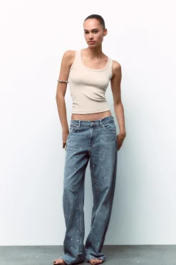 ZARA Jeans^TRF RELAXED FIT MID-RISE JEANS WITH RIVETS Azul