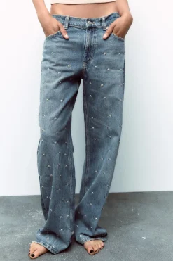 ZARA Jeans^TRF RELAXED FIT MID-RISE JEANS WITH RIVETS Azul