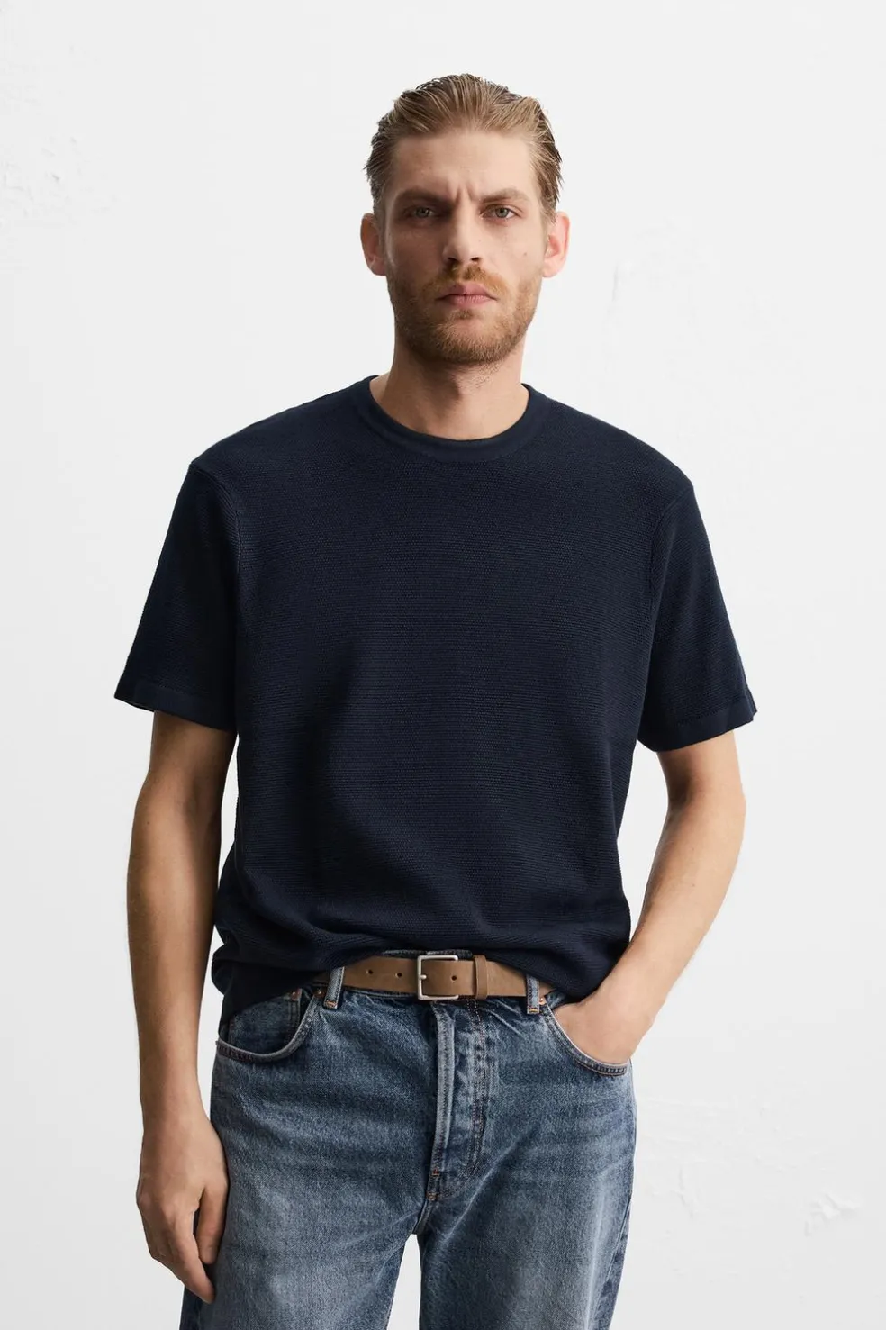 ZARA Camisola / Casacos|T-Shirts^T-SHIRT BÁSICA DE MALHA Azul-marinho
