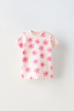 T-SHIRT CANELADA ESTAMPADO FLORAL-ZARA Best Sale