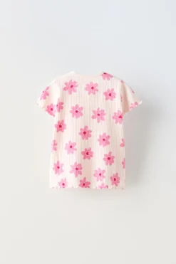 T-SHIRT CANELADA ESTAMPADO FLORAL-ZARA Best Sale