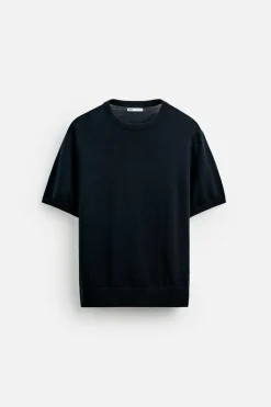 ZARA Camisola / Casacos|T-Shirts^T-SHIRT DE MALHA 100% LÃ LIMITED EDITION Azul-marinho