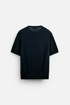 ZARA Camisola / Casacos|T-Shirts^T-SHIRT DE MALHA 100% LÃ LIMITED EDITION Azul-marinho