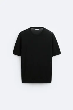 ZARA Camisola / Casacos|T-Shirts^T-SHIRT DE MALHA ALGODÃO - SEDA Preto