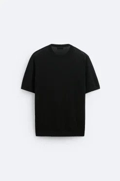 ZARA Camisola / Casacos|T-Shirts^T-SHIRT DE MALHA ALGODÃO - SEDA Preto