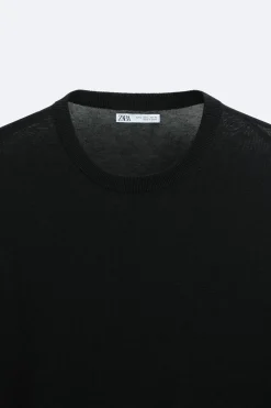 ZARA Camisola / Casacos|T-Shirts^T-SHIRT DE MALHA ALGODÃO - SEDA Preto