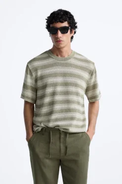 ZARA Camisola / Casacos|T-Shirts^T-SHIRT DE MALHA JACQUARD RISCAS Verde