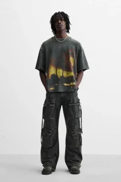 ZARA Camisola / Casacos|T-Shirts^T-SHIRT EM MALHA COM ESTAMPADO Cinzento-antracito