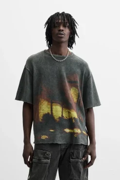 ZARA Camisola / Casacos|T-Shirts^T-SHIRT EM MALHA COM ESTAMPADO Cinzento-antracito