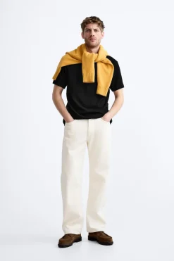 ZARA Camisola / Casacos|T-Shirts^T-SHIRT MALHA ALGODÃO Preto