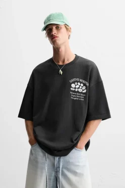 ZARA T-Shirts^T-SHIRT WITH CONTRAST RAISED SLOGAN Preto