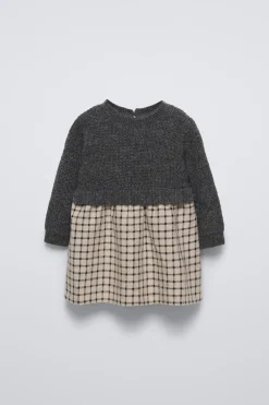 VESTIDO DE MALHA COMBINADO AOS QUADRADOS-ZARA Outlet