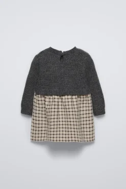 VESTIDO DE MALHA COMBINADO AOS QUADRADOS-ZARA Outlet