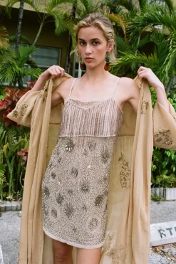 ZARA Vestidos|Lingerie^VESTIDO GEORGETTE COM BORDADOS E MISSANGAS rosa-bege