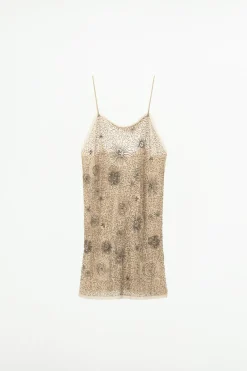 ZARA Vestidos|Lingerie^VESTIDO GEORGETTE COM BORDADOS E MISSANGAS rosa-bege
