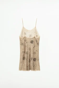ZARA Vestidos|Lingerie^VESTIDO GEORGETTE COM BORDADOS E MISSANGAS rosa-bege