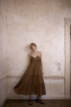 ZARA Vestidos|Lingerie^VESTIDO PLISSADO RENDA MISSANGAS Castanho