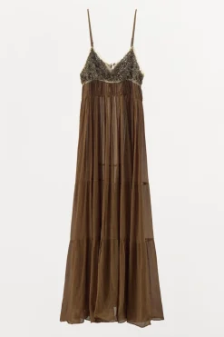 ZARA Vestidos|Lingerie^VESTIDO PLISSADO RENDA MISSANGAS Castanho